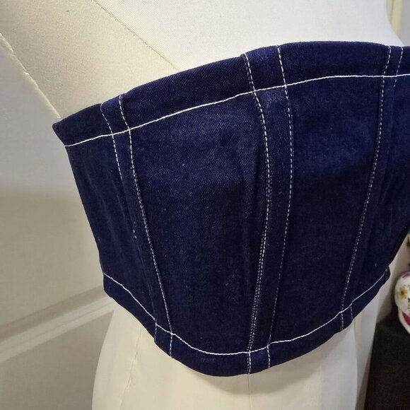 By.DYLN Denim Tube Top – Dark Blue Smocked Strapless Crop w/ Zipper | Deadstock - Picture 9 of 14